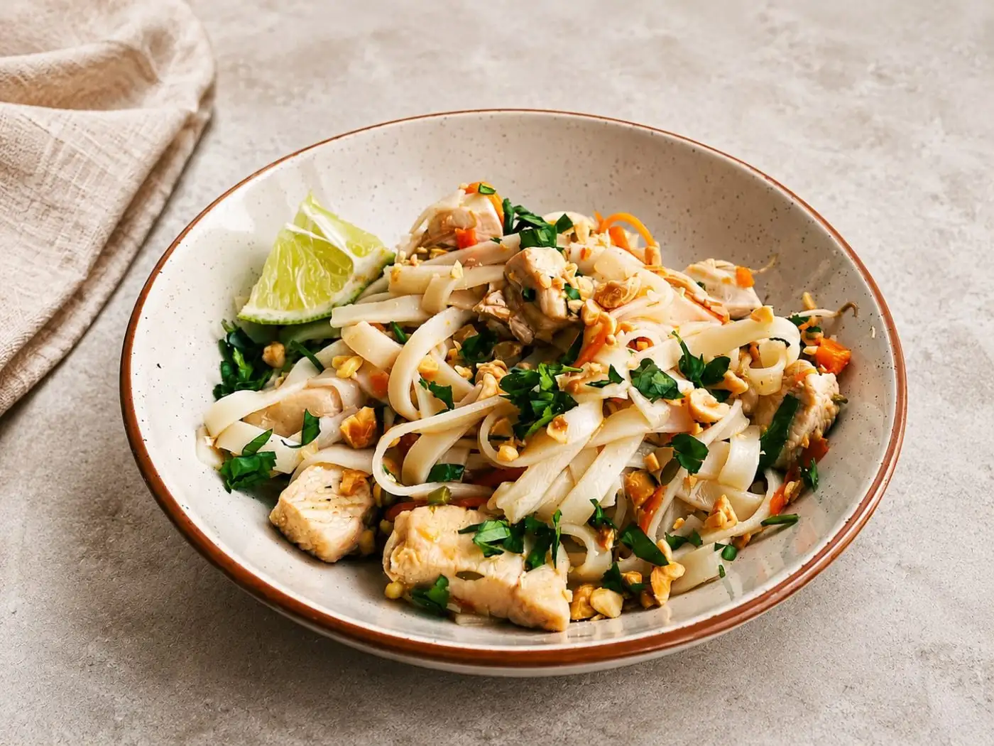 Pad Thai de Pollo (Con Pollito en Cubos, Zanahoria, Raíces chinas, Maní y Salsa Thai)